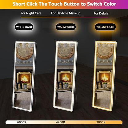 Sweetcrispy 64"x21" Standing Mirror Full Length with LED Lights, Lighted Floor Mirror with Stand, Wall Mounted Aluminum Alloy Thin Frame, Classical White