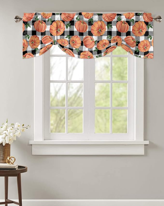 Fall Blackout Tie Up Valance Curtains for Kitchen Windows Thanksgiving Halloween Pumpkins Window Toppers Balloon Shades for Living Room/Bathroom/Bedroom,60" X 18" Farmhouse Black White Buffalo Plaid