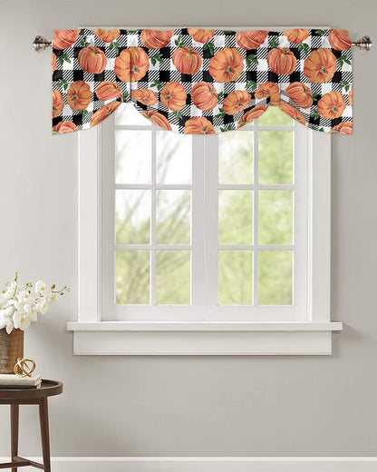 Fall Blackout Tie Up Valance Curtains for Kitchen Windows Thanksgiving Halloween Pumpkins Window Toppers Balloon Shades for Living Room/Bathroom/Bedroom,60" X 18" Farmhouse Black White Buffalo Plaid