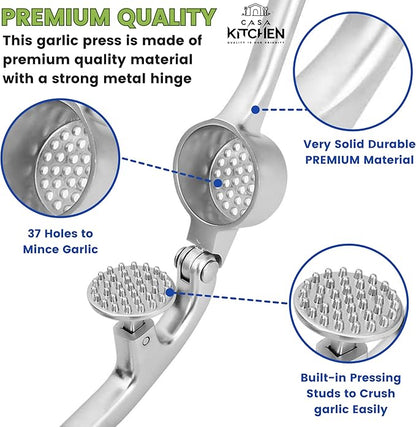 Premium Garlic Press - Easy to Squeeze and Clean, Rust Proof & Dishwasher Safe Garlic Mincer - Garlic Press Stainless Steel, Garlic Crusher, Garlic Masher - Silicone Garlic Peeler & Brush - Sliver