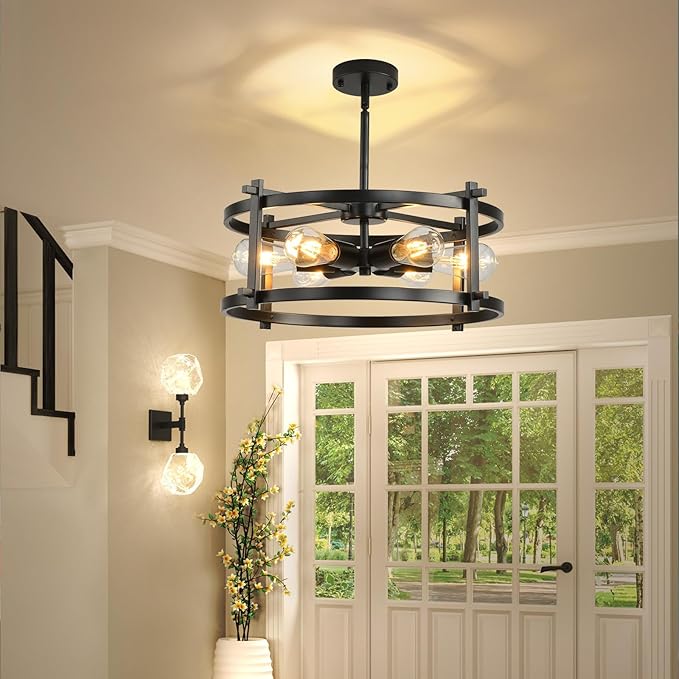 Industrial Semi Flush Mount Ceiling Light,17.72"D x 11.41"H,Black Fixture Ceiling Mount with Modern Style,6-Light Rustic Metal Ceiling Light Fixture for Kitchen,Dining Room, Hallway, Entryway