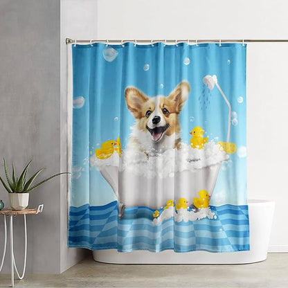 AILONEN 3D Bathtub Dog Shower Curtain for Kids 72" W*78" H Kawaii Shower Puppy and Bathtub Yellow Duck Shower Curtain,Polyester Waterproof Fabric Decor for Bathroom Bathtub Panels