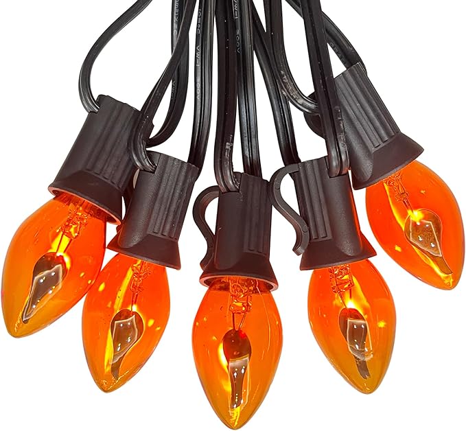 25Ft Orange Halloween Lights Outdoor, C7 Halloween Decorations Lights with 27 Orange Flicker Flame Bulbs, Vintage Christmas Flickering Light for Patio Garden Party Christmas Tree Decor-Black Wire