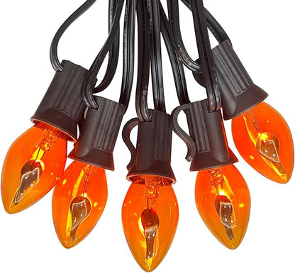 25Ft Orange Halloween Lights Outdoor, C7 Halloween Decorations Lights with 27 Orange Flicker Flame Bulbs, Vintage Christmas Flickering Light for Patio Garden Party Christmas Tree Decor-Black Wire