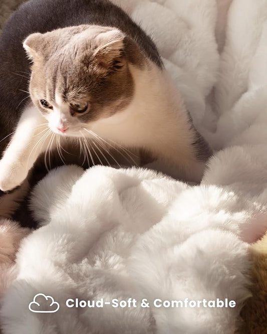 Ultra Soft Cozy Faux Fur Throw Blanket, Fuzzy Plush Thick Bubble Blanket, Oversize Luxury Fluffy Blanket for Couch, Bed, and Living Room, 60x80 Inches, Off White