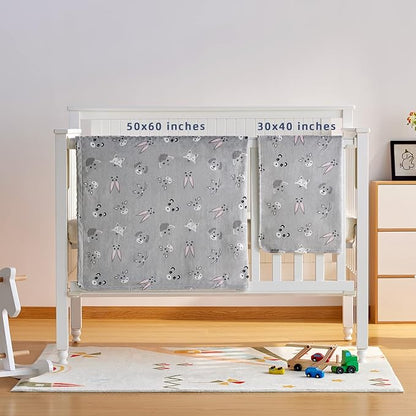 DaysU Silky Micro Soft Plush Baby Blankets Unisex with Print Animal Pattern and Soothing Raised Dots, Double Layer Bed Throws for Baby Crib, Animal Faces, Grey, 30x40 Inches