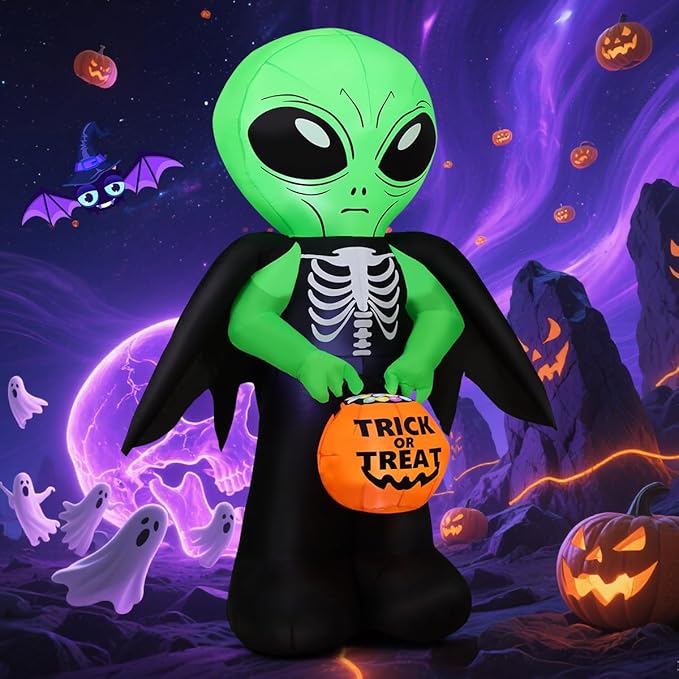 COMIN 6 FT Halloween Inflatables Alien Carrying Candy Basket Outdoor Decorations Blow Up Yard with Built-in LEDs for Indoor Party Garden Lawn Decor