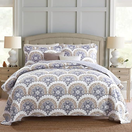 mixinni Mandala Bedspread Quilt Sets 100% Cotton 3-Piece Blue Grey Reversible Lightweight Coverlet Set with Shams for All-Season-(3pcs, Queen Size)