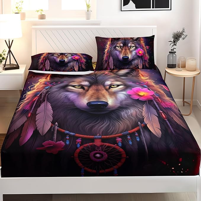 AILONEN Wolf Dream Catcher Fitted Sheet Set Queen Size, Wildlife Wolf Bed Sheet Set,Safari Animal Moon Wolf Fitted Sheet and 2 Pillowcases,3 Pieces(Boys/Men/Kids/Teens)