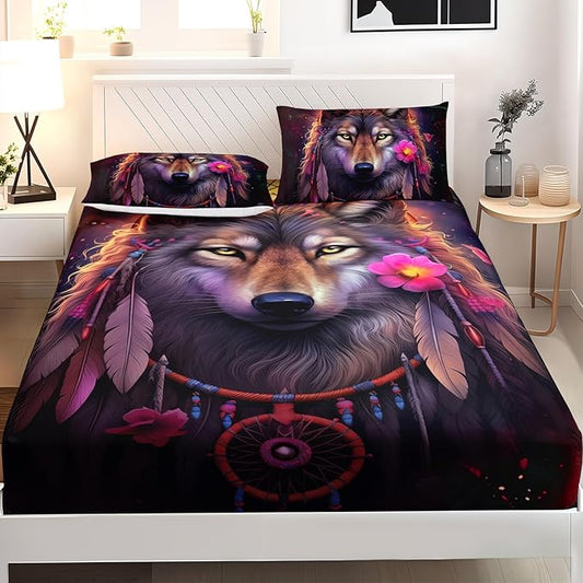 AILONEN Wolf Dream Catcher Fitted Sheet Set Queen Size, Wildlife Wolf Bed Sheet Set,Safari Animal Moon Wolf Fitted Sheet and 2 Pillowcases,3 Pieces(Boys/Men/Kids/Teens)