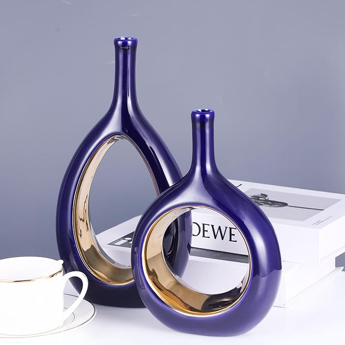 Blue Gold Ceramic Vase Set 2,Modern Hollow Circle with Hole Flower Vase for Home Decor,for Table Centerpieces,Farmhouse,Fire Place,Living Room,Bedroom,Office,Bookshelf,Rustic Decor