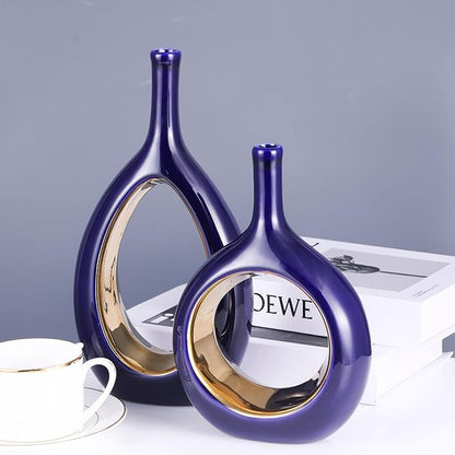Blue Gold Ceramic Vase Set 2,Modern Hollow Circle with Hole Flower Vase for Home Decor,for Table Centerpieces,Farmhouse,Fire Place,Living Room,Bedroom,Office,Bookshelf,Rustic Decor