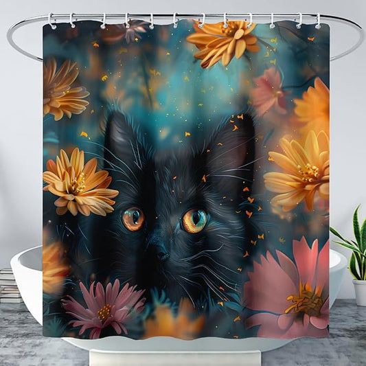 AILONEN Cute Black Cat Shower Curtain Set, Yellow Flower Kitty Cloth Shower Curtain Curtain for Bathroom,Cat Lovers Animal Shower Curtain Liner for Kids Boys Girls,72" W*72" H