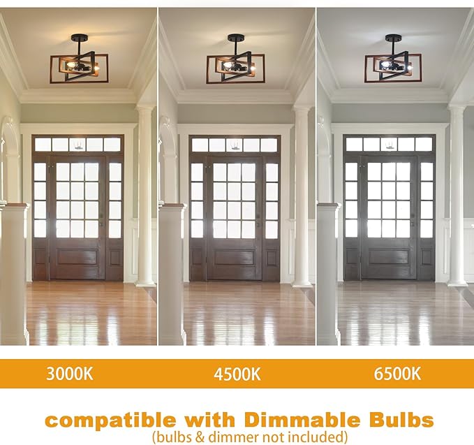 DELIPOP 3-Light Farmhouse Ceiling Light, Industrial Metal Semi Flush Mount Ceiling Light for Dining Room Kitchen Entryway Hallway, Faux-Wood Color Finish