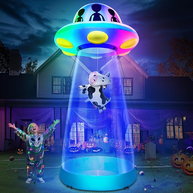 [ 3 Colors Changing Light ] 10 Ft Tall Halloween Inflatable UFO Cow Abduction Decorations with Build-in LEDs Halloween Blow Up UFO for Halloween Decoration Outdoor Yard Garden Lawn Holiday Party Decor