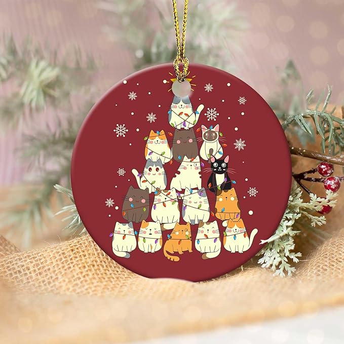 Cats Christmas Tree Ornament Round Ceramic Ornament Xmas Keepsake for Christmas Tree Winter Holiday Xmas Gift for Women Men Xmas Hanging Ornament 3"