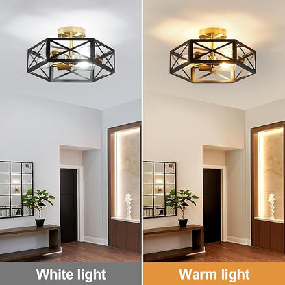 Modern Flush Mount Ceiling Light, 3-Light Black Gold Hallway Light Fixtures Ceiling Mount, Industrial Close to Ceiling Light with Metal Hexagon Cage Ceiling Lamp for Kitchen, Bedroom, Bathroom
