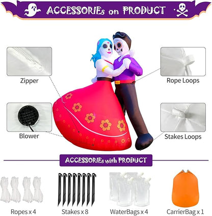 DomKom Halloween Inflatable Blow Up Decorations, Dia de Los Muertos 6FT Day of Dead Catrina Sugar Skull Couple Dancing, Built-in LEDs for Holiday Party, Garden, Lawn, Yard, Patio Décor