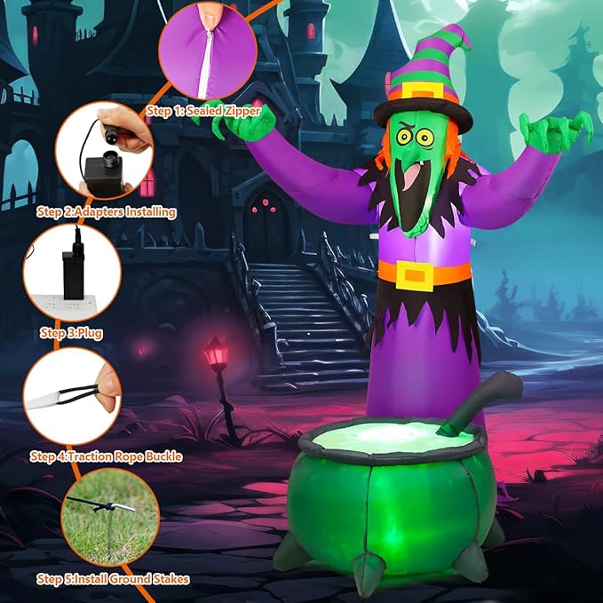 COMIN 6FT Halloween Inflatables Animated Witch Waving Hands Blow Up Outdoor Yard Decorations Garden Lawn Decor