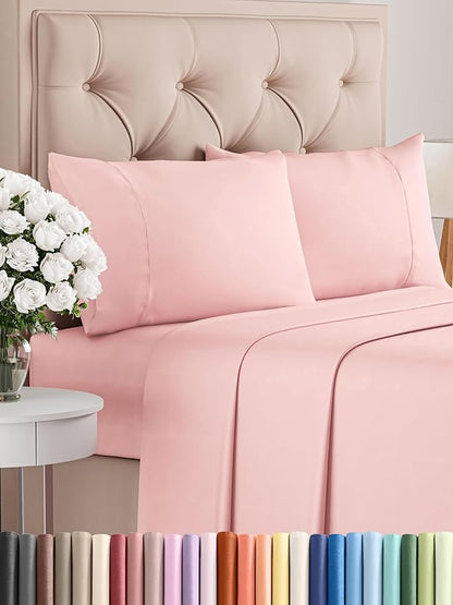 CGK Linens Twin 4 Piece Sheet Set - Cooling Sheets for Hot Sleepers - Hotel Luxury Bedding Set with 8-16 Inch Deep Pockets - 1 Flat & 1 Fitted & 2 Pillowcases - Soft, Comfy & Wrinkle Free - Baby Pink