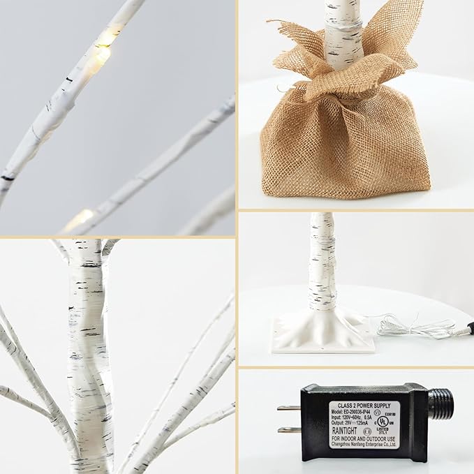 Lighted Brich Tree, 4FT 56 LED Christmas Tree with Burlap Decor, Warm White, IP44 Waterproof, Power Supply by Adaptor, Fireplace Party Wedding Halloween Christmas New Year Decoration
