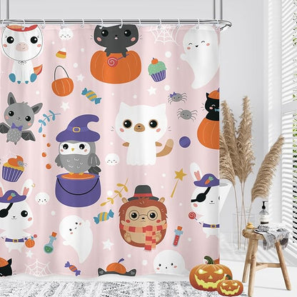 Cute Animal Halloween Shower Curtain 60Wx72L Inch Kids Child Nursery Pumpkin Cartoon Ghost Spider Bathroom Set Accessories Decor Polyester Waterproof with 12 Pack Hooks