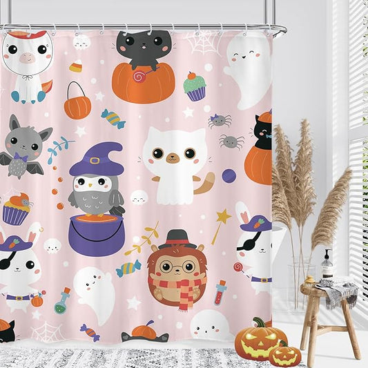 Cute Animal Halloween Shower Curtain 60Wx72L Inch Kids Child Nursery Pumpkin Cartoon Ghost Spider Bathroom Set Accessories Decor Polyester Waterproof with 12 Pack Hooks