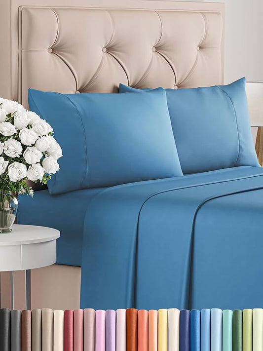 CGK Linens Twin XL 4 Piece Sheet Set - Cooling Sheets for Hot Sleepers - Hotel Luxury Bedding Set with 8-16 Inch Deep Pockets - 1 Flat & 1 Fitted & 2 Pillowcases - Soft and Wrinkle Free - Denim Blue