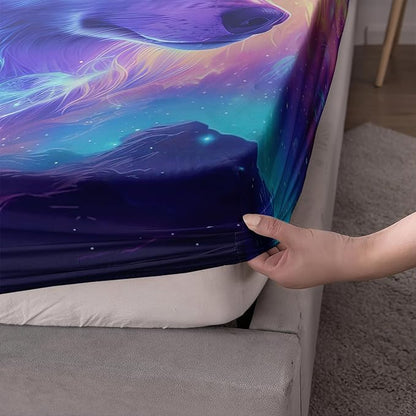 AILONEN Wolf Fitted Sheet Set Twin XL Size for Boys,Purple Galaxy Wolf Bed Sheet Set for Kids Teen, 3 Pieces Safari Wolf Sheet Set,Starry Wolves Fitted Sheet with 2 Pillowcases
