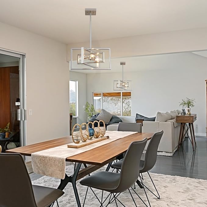 Modern Brushed Nickel Chandelier 3-Light Geometric Ceiling Light Fixture 16" Adjustable Height Pendant for Foyer, Entryway, Dining Room