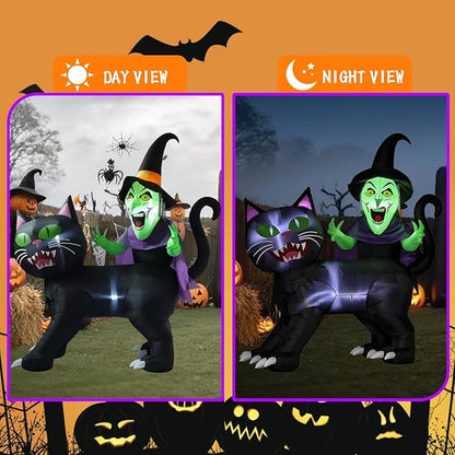 LANGXUN 8ft Witch Riding Black Cat 2025 Halloween Inflatable Decoration - Giant Blow-Up Yard Decor with LED Lights for Outdoor Lawn, Garden, Patio Cute Skeleton Ghost Hoilday Yard Party Decor