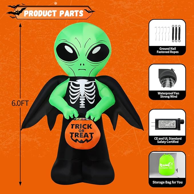 COMIN 6 FT Halloween Inflatables Alien Carrying Candy Basket Outdoor Decorations Blow Up Yard with Built-in LEDs for Indoor Party Garden Lawn Decor