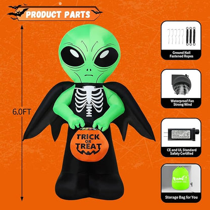 COMIN 6 FT Halloween Inflatables Alien Carrying Candy Basket Outdoor Decorations Blow Up Yard with Built-in LEDs for Indoor Party Garden Lawn Decor