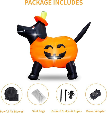 4FT Long Halloween Inflatable Pumpkin Dog Decoration with LED Lights Pumpkin Dachshund Blow up Decorations Outdoor Indoor Holiday Yard Graden Decor
