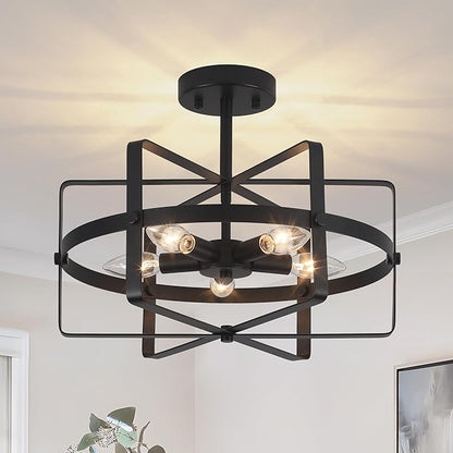 5-Light Black Ceiling Light Fixture, 12.6'' Farmhouse Industrial Semi Flush Mount Ceiling Light, Modern Geometric Metal Ceiling Lamp for Entryway Hallway Kitchen Bedroom Dining Room