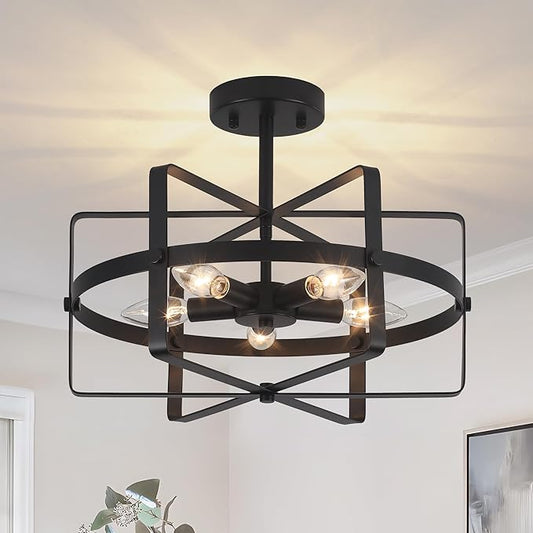 5-Light Black Ceiling Light Fixture, 12.6'' Farmhouse Industrial Semi Flush Mount Ceiling Light, Modern Geometric Metal Ceiling Lamp for Entryway Hallway Kitchen Bedroom Dining Room
