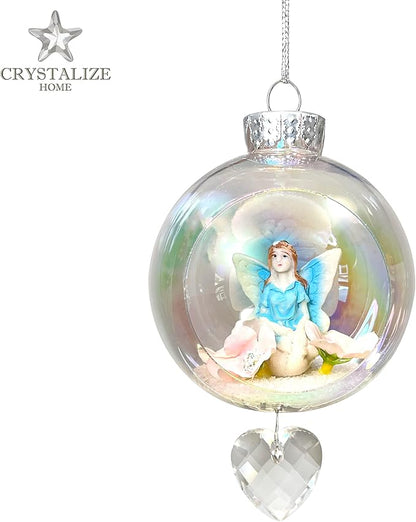 Blue Fairy Christmas Ornament - Handmade Shatterproof Decorations for Indoor Outdoor Xmas Tree - Clear Ball Ornaments with Magnetic Crystal - Great Gift or Stocking Stuffer for Mom, Sister, Friend