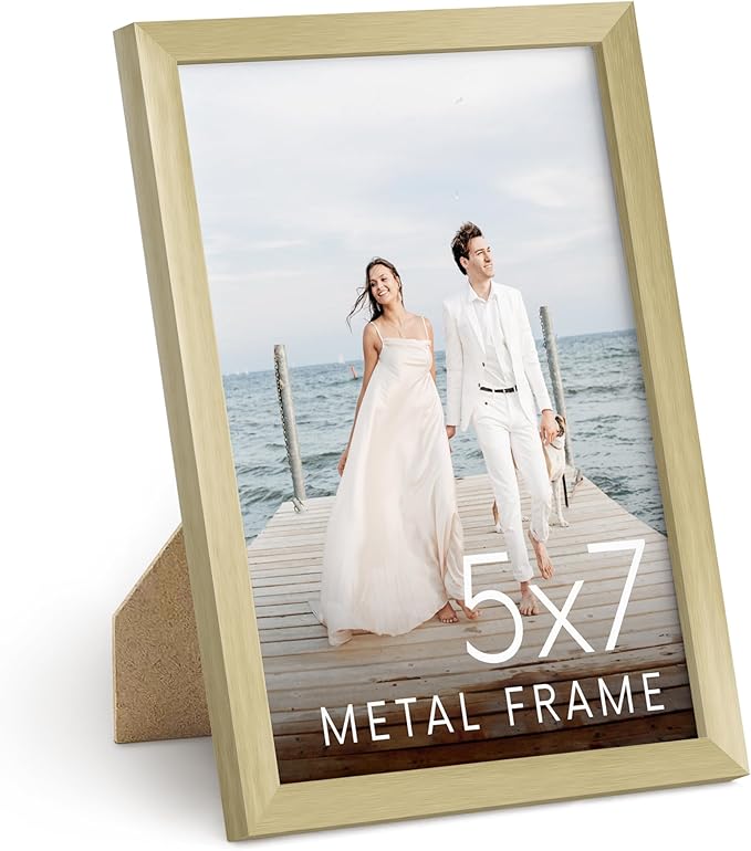 HAUS AND HUES 5x7 Gold Picture Frame - 5x7 Photo Frame - Metal Frame Profile with Shatterproof Plexiglass - 5x7 Gold Frame Vertical Hanging, Easel Back for Tabletop, Home, Office