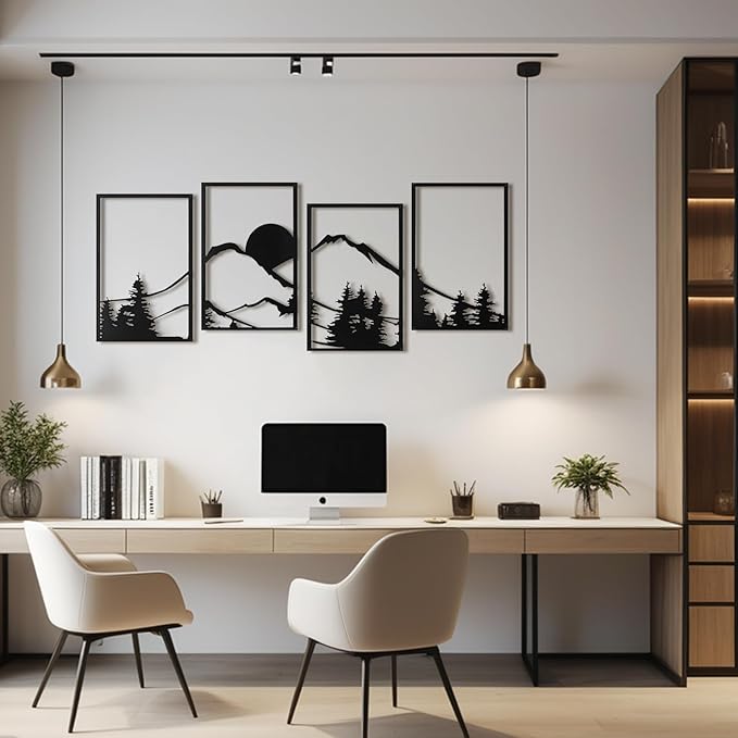 Art3d Black Metal Wall art, 4 Pieces Wall Decor for Living Room Bedroom Hallway Hotel, Natural Mountain Pattern Wall Art Style, Line Art Wall Décor