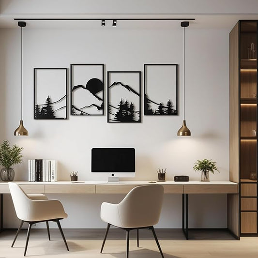Art3d Black Metal Wall art, 4 Pieces Wall Decor for Living Room Bedroom Hallway Hotel, Natural Mountain Pattern Wall Art Style, Line Art Wall Décor