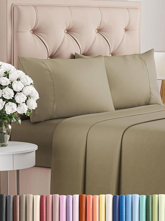 CGK Linens Twin 4 Piece Sheet Set - Cooling Sheets for Hot Sleepers - Hotel Luxury Bedding Set with 8-16 Inch Deep Pockets - 1 Flat & 1 Fitted & 2 Pillowcases - Soft, Easy Care & Wrinkle Free - Khaki
