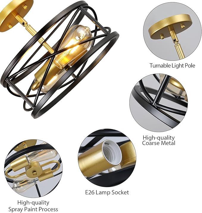 Semi Flush Mount Ceiling Light Fixtures, 2-Light Modern Kitchen Ceiling Light Farmhouse Industrial Sloped Ceiling Lighting with for Metal Drum Cage Hallway Bedroom Stair, Black and Gold