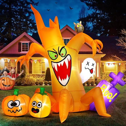 8FT Halloween Inflatables Spooky Tree with Pumpkin Ghost Led Light Halloween Inflatables Outdoor Decorations Blow up Inflatables for Holiday Party Lawn Yard Garden Décor