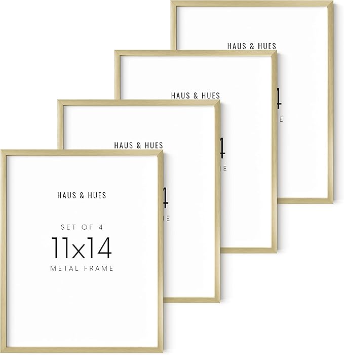 HAUS AND HUES 11x14 Gold Picture Frames - Set of 4 Photo Frames, Metal Wall 11x14, 14x11 Gallery Frame (Gold Aluminum Frames) 11x14in