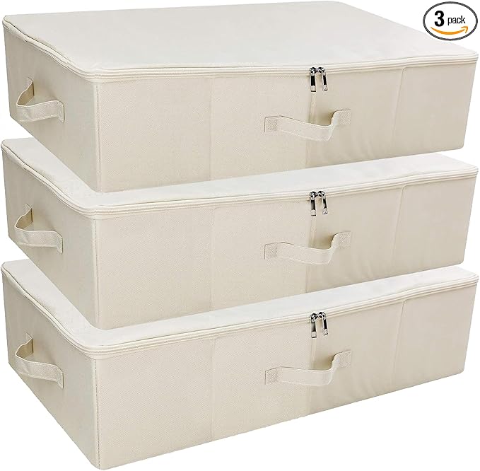 iwill CREATE PRO 3Pcs Collapsible Rigid Underbed Storage Bins, 27.5 * 15.7 * 7", Folding Fabric Storage Boxes for Clothing, Blankets, Shoes in Closet, Wardrobe, Beige