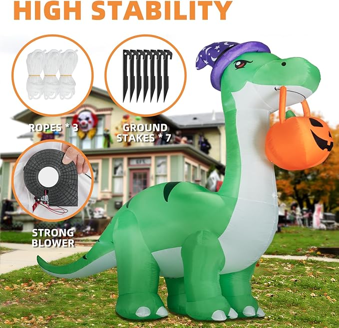 10FT Halloween Inflatable Huge Dinosaur Decorations Outdoor,Halloween Blow Up Yard Decorations Built-in LED Lights,Scary Party Decorations with Witch Hat and Pumpkin,for Garden/Lawn.