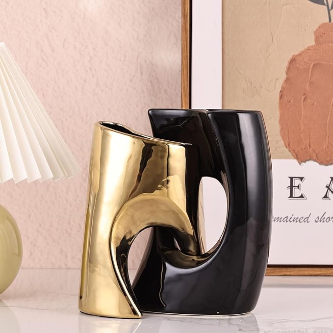 Black Gold Ceramic Vases Set of 2,Modern Vase for Nordic Minimalist Book Style Shelf Decor, Hollow Round Pampas Flower Vases for Boho Home Wedding Party Room Dinner Table Shelf Decor