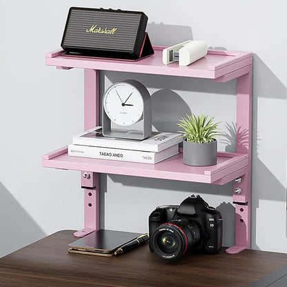 2-Tier Desk Shelf, Expandable Under Desk Storage, Clamp on Desk Shelf, Desktop Accessories for Offices, Study Rooms, and Game Rooms (Pink)