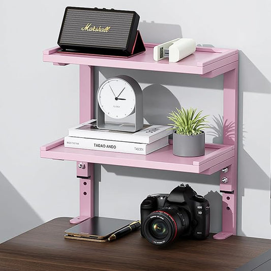 2-Tier Desk Shelf, Expandable Under Desk Storage, Clamp on Desk Shelf, Desktop Accessories for Offices, Study Rooms, and Game Rooms (Pink)