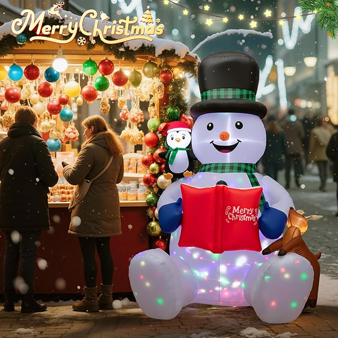 Dawdix 7 FT Christmas Inflatable Snowman Outdoor Decorations, Blow up Snowman Yard Decor Built-in Colorful Rotating LED, Penguin & Reindeer Christmas Decoration, Xmas Holiday Decor for Garden Lawn